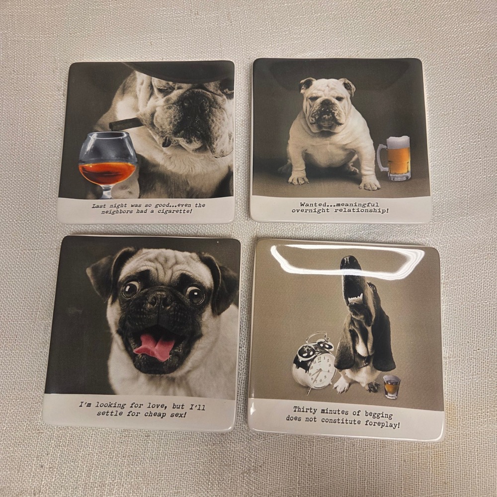 Mud Pie Funny Dog Ceramic Appetizer Plate Set of 4 Humorous Barware Snack Plates